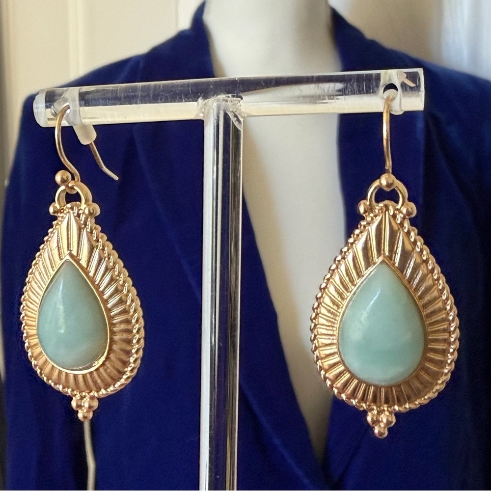 PATRICIA NASH | Amazonite Green Teardrop Dangle Gold Tone Earrings